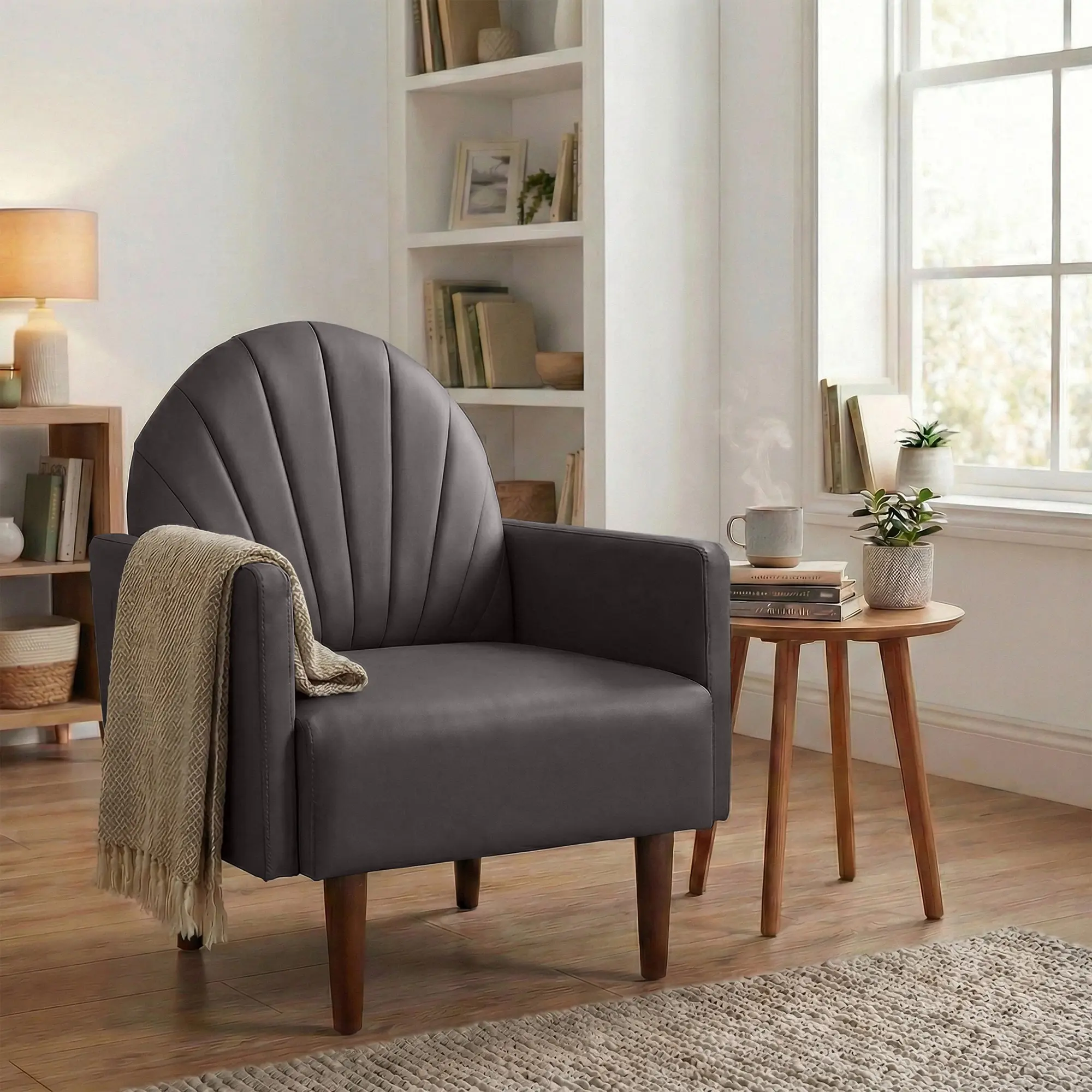 ARCH Shell-Shaped Accent Chair with Arms, PU Leather Upholstery, Solid Wood Legs, Mid-Century Modern Single Seat Sofa, 300lb Capacity, Easy Assembly for Living Room, Bedroom, Dark Brown Indoor Furniture