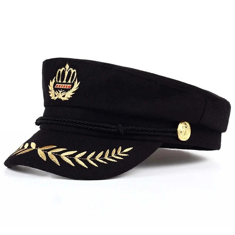 Unisex Crown Wheat Ear Navy Hat Spring Autumn Sailor Hats Men Flat Top Captain Military Caps Women Large Black Beret Caps