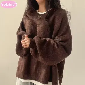 Yolabra Autumn Winter New Round Neck Knitted Sweater Side Split Loose Lantern Sleeve Women Fashion Top Soft Warm Knit Fabric Casual Daily Commute Wear Elegant Lazy Style Comfortable Skin Friendly Material Trendy Street Temperament Ladies Knitwear Sweater