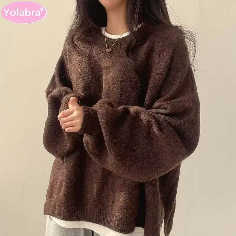 Yolabra Autumn Winter New Round Neck Knitted Sweater Side Split Loose Lantern Sleeve Women Fashion Top Soft Warm Knit Fabric Casual Daily Commute Wear Elegant Lazy Style Comfortable Skin Friendly Material Trendy Street Temperament Ladies Knitwear Sweater