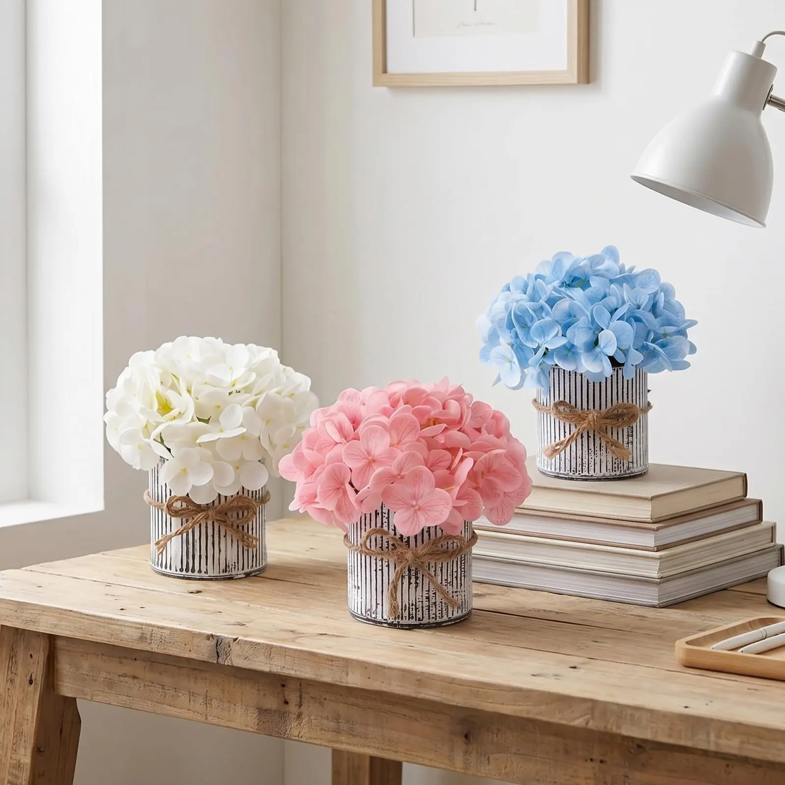 Set of 6 Rustic Wedding Table Centerpieces – Artificial Hydrangeas in Vintage Metal Pots, Total Height 7.87in for Banquet Decor