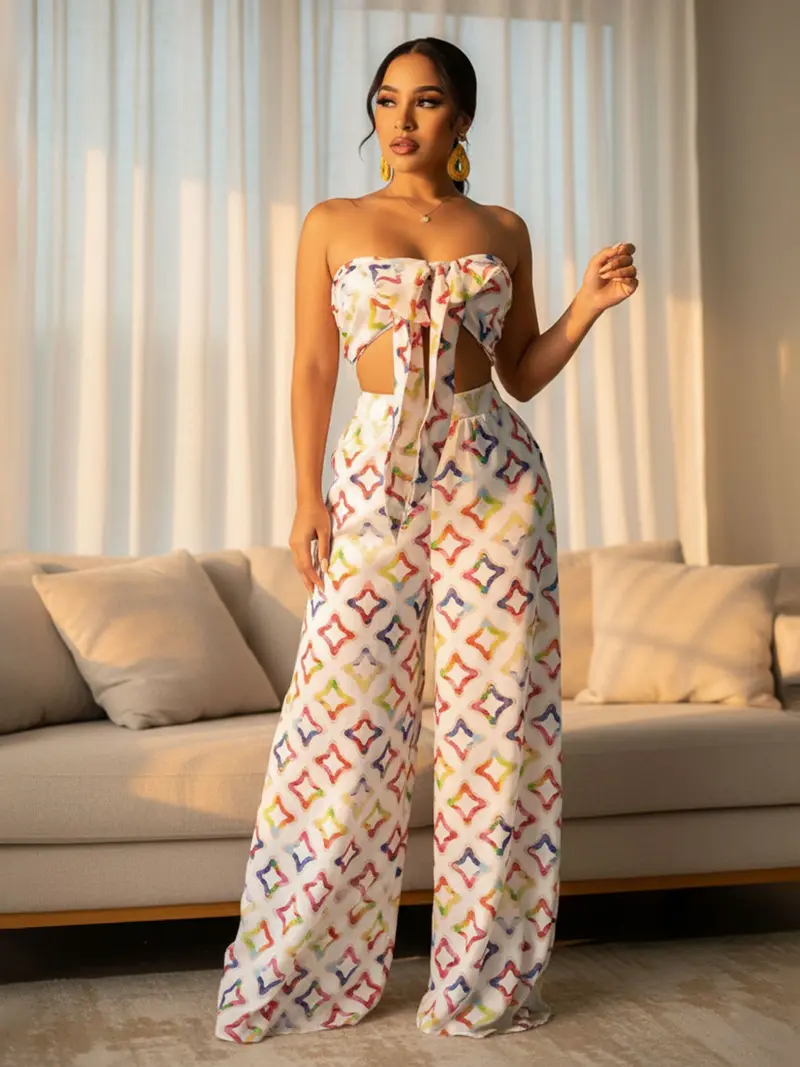 Summer Vacation Two-Piece Set, Sexy Halter Top + Wide Leg Pants, Casual Daily Wear, Party, Women's Fashion