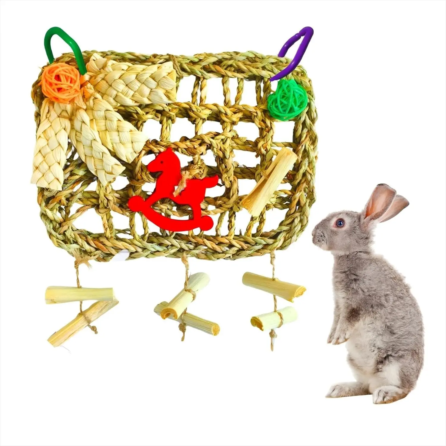 Hanging Bamboo Grass Chew Treat Toy for Rabbits, Guinea Pigs, Chinchillas, Hamsters, Rats (Cage-Mountable), Chew Treats, Hanging Toy