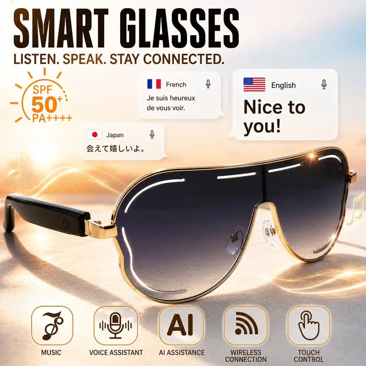 Smart AI Bluetooth Sunglasses for Women, Open Ear Audio, Real-Time 100+ Language Translation, UV Protection, Hands-Free Calls & Travel Wear