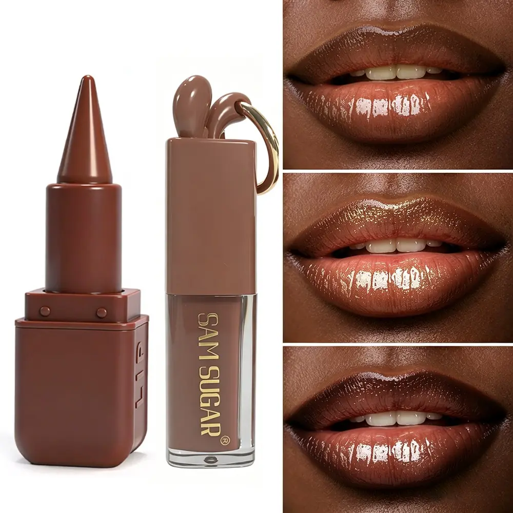 Sam Sugar Chocolate Lip Liner & Bunny Keychain Lip Oil Combo, High-Shine Glossy Moisturizing Lip Oil, Hydrating Lip Makeup Kit for Dark Skin Tones