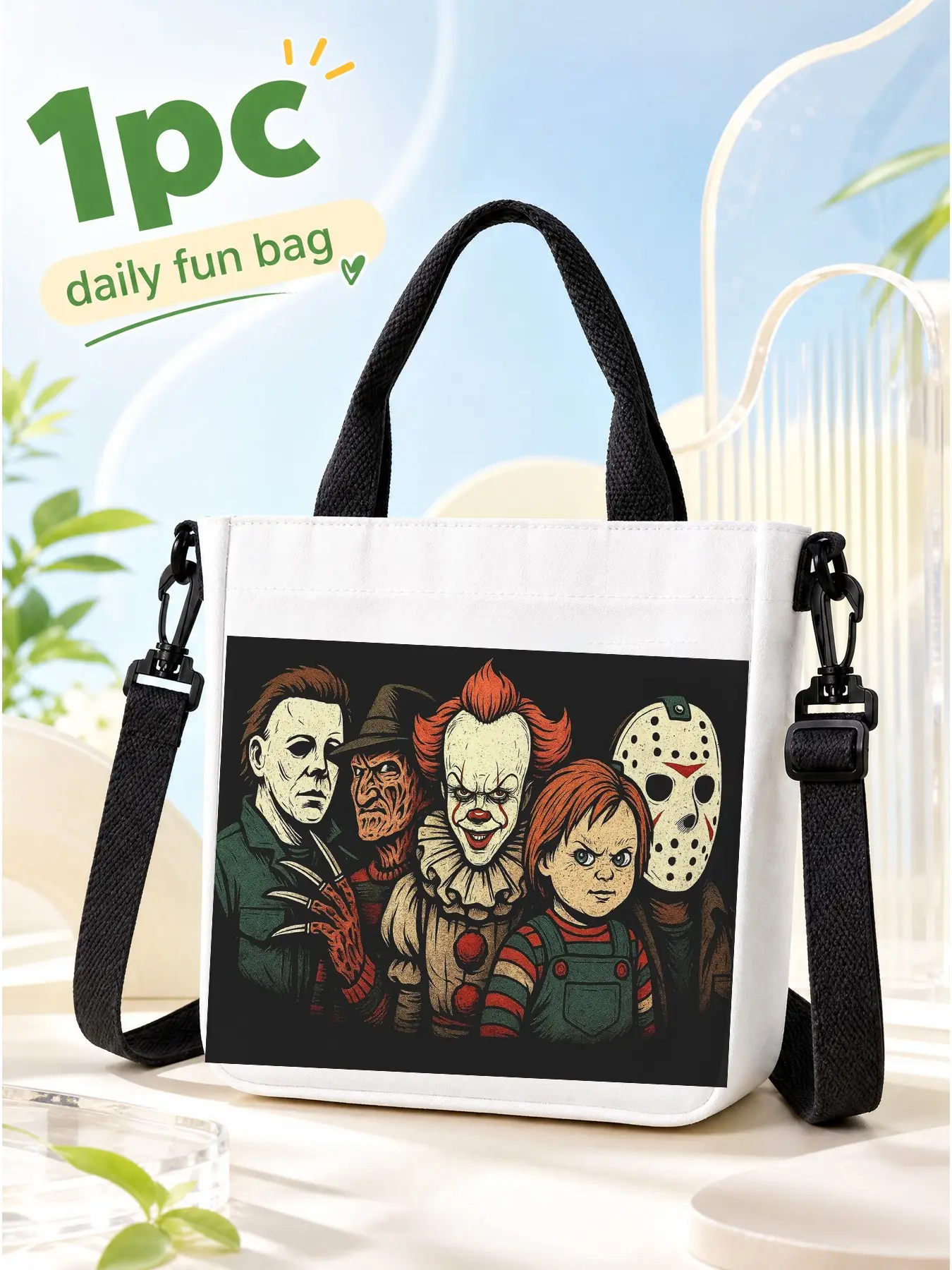 Vintage Horror Movie Canvas Tote Bag for Women, White Scary Mask Clown Doll Graphic Crossbody Shoulder Bag, Gothic Halloween Shopping Purse, Halloween Gift, Birthday Gift for Horror Fans