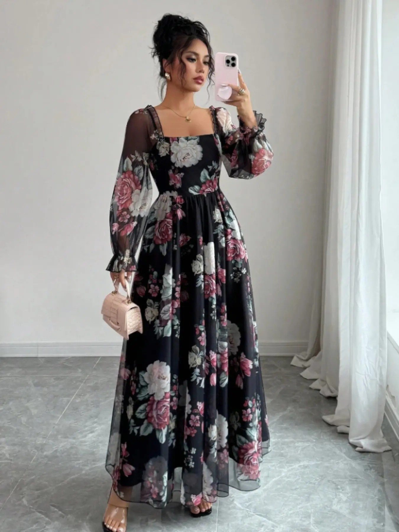 Women's Floral Square Neck Waist Cinched Lantern Sleeve Dress, Elegant Chic Summer Fashion, Comfortable & Stylish, Perfect for Casual Occasions