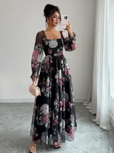 Women's Floral Square Neck Waist Cinched Lantern Sleeve Dress, Elegant Chic Summer Fashion, Comfortable & Stylish, Perfect for Casual Occasions