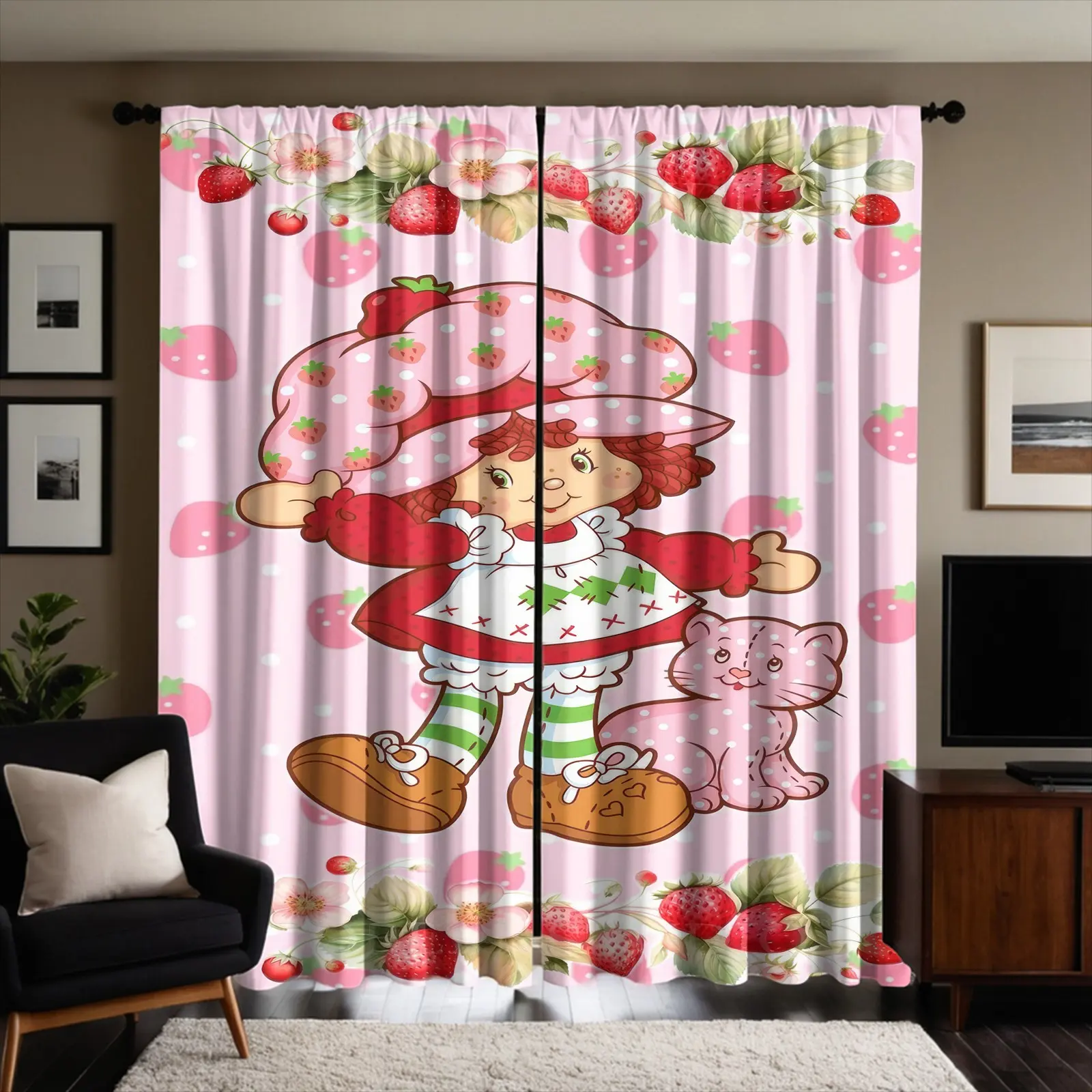 Cartoon Girl Strawberry 2 Pack Brushed Fabric Curtains, Digital Print Window Drapes, Semi-Transparent & Fade Resistant, Through Rod Header Design, Machine Washable, for Girls Bedroom, Princess Room