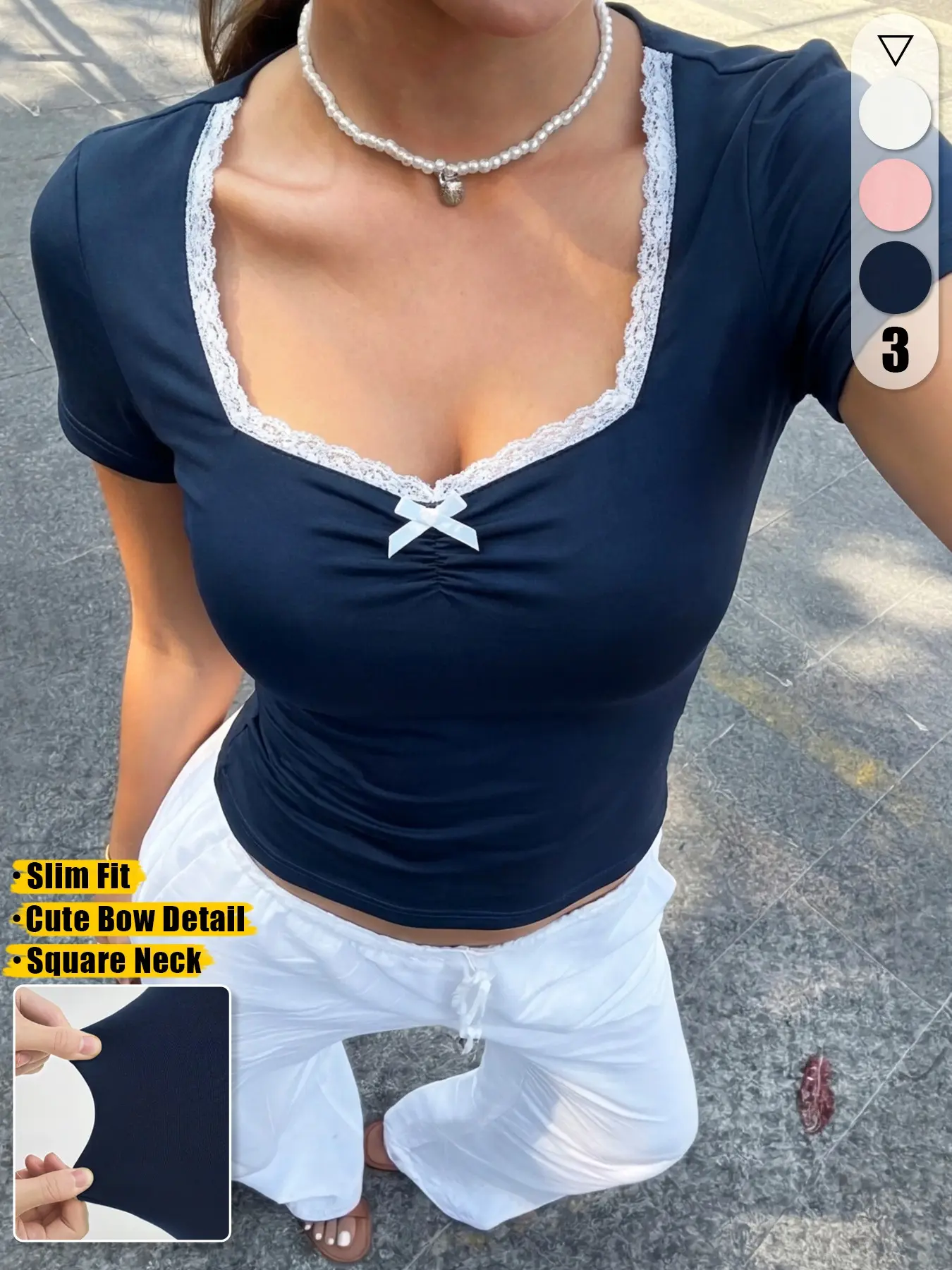Women's Lace Trim Square Neck Top Shirred Short Sleeve Fitted Blouse with Cute Bow Front Detail Mix & Match Solid Colors for Party Date Night & Casual Wear, Womenswear