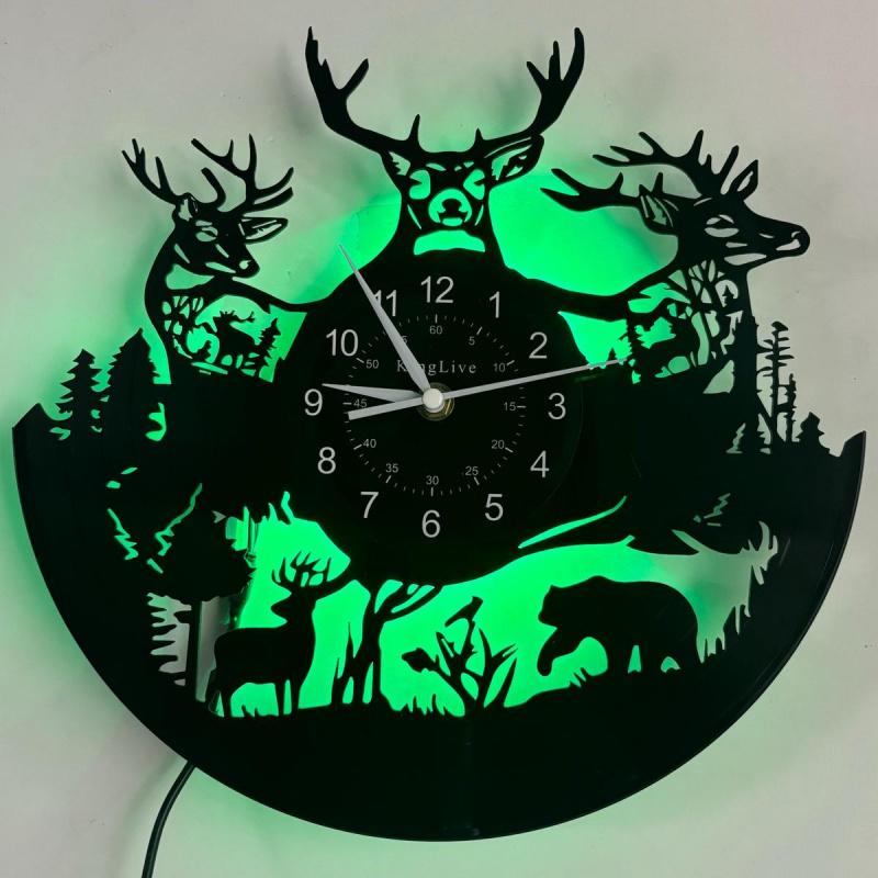 Vintage Forest Deer Vinyl Wall Clock, Christmas and Easter Themed Seven-Color LED Display, Home and Office Decoration