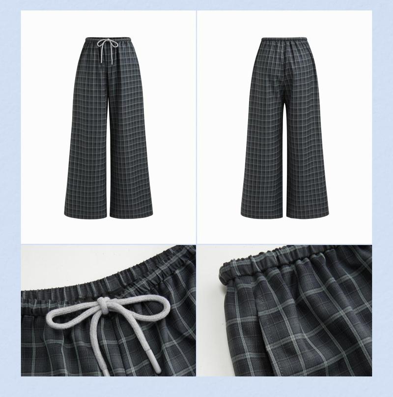 Cider Cotton-blend Plaid Drawstring Wide Leg Trousers