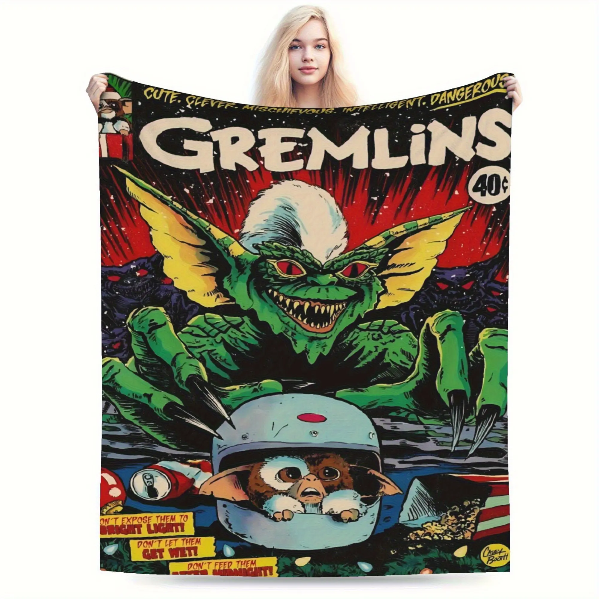 Retro Vintage Gremlins Film Comic Artwork Lightweight Fleece Throw Blanket, Multi-Size All-Season Soft Plush Portable Cover for Sofa Nap, Gift for 80s Gizmo & Stripe Monster Fans