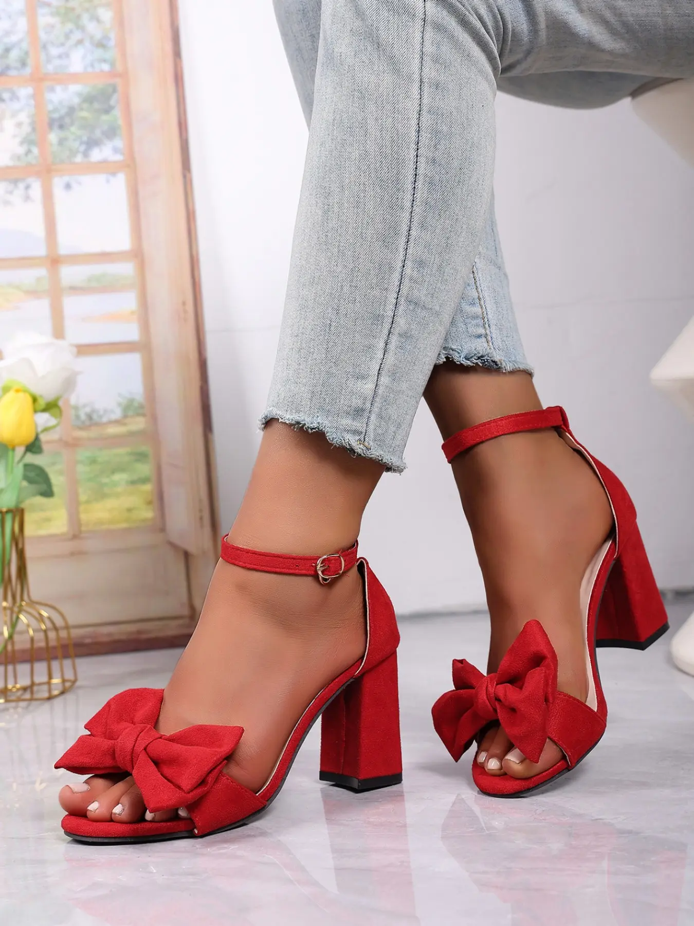 Women's Spring Summer Party Heels, Elegant Bow Square Toe, Adjustable Anklet, Open-Toe High Heel Sandals, PU & Rubber Sole