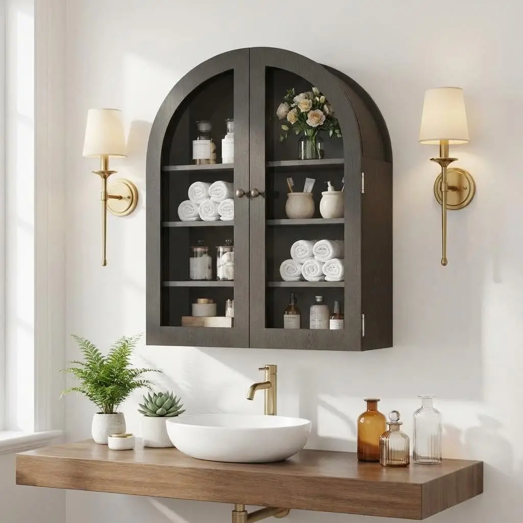 Gaomon Wall-Mounted Wooden Medicine Cabinet - Modern Black Frame, Small Arched Glass Doors, Adjustable Shelves, Decorative Storage Organizer for Bathroom, Kitchen