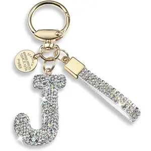 Pink Blue White Initial Letter Keychain Gift for Women Girls Bling Sparkly Cute Backpack Car Key Accessories Lanyard