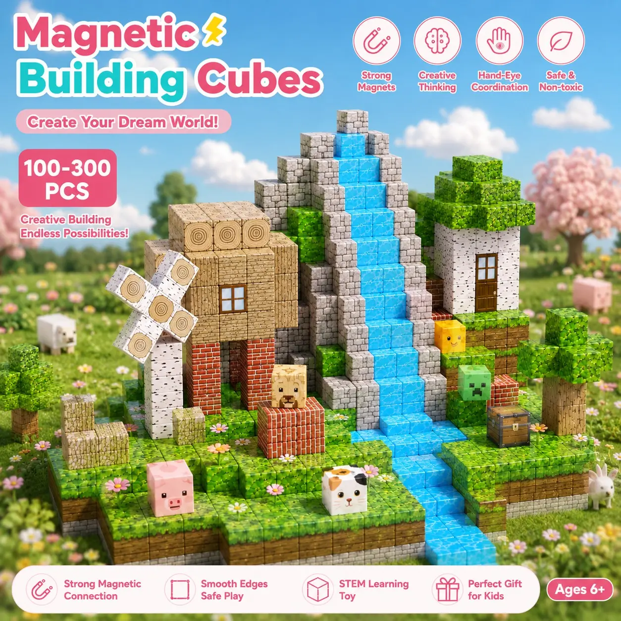 100 Magnetic Building Blocks Toy, Magnetic Building Cubes, Jungle World DIY Cube Stem Sensory Playset, Perfect Gift for Kids Ages 3-10, Christmas Birthday New Year Halloween