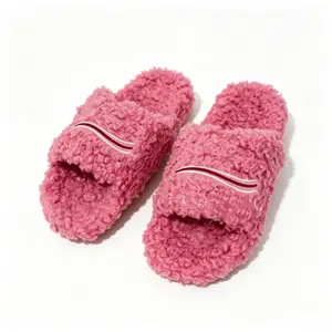 2026 new Unisex Letter Embroidered Platform Fuzzy Slide Slippers Flat Winter Warm Lamb Fur Lined Outdoor Open Toe Slides for Men Women