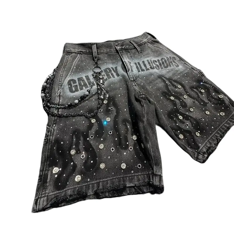 Fashion Distressed Jeans Retro Rhinestone Flame Pattern Print Casual Washed Denim Shorts Unisex High Waist Streetwear Pants Man Menswear Man