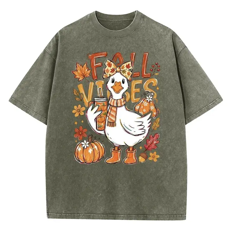 Unisex Casual T-Shirt - Women's/Men's Stylish Streetwear Acid-Washed Crew Neck Short Sleeve Loose Drop-Shoulder Top with Duck, Pumpkin, Maple Leaf & Fall Drink Prints for Fall Gatherings, Weekend Outings, Tshirt