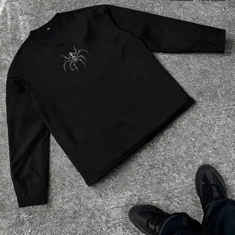 Dark Spider Line Print 100% Cotton Long Sleeve T-Shirt Graphic Tee Top, Unisex Casual Loose Fit, Breathable High Street Basic Top, All Seasons