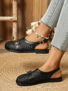Women's PU Leather Casual Sandals, Adjustable Metal Buckle, Solid Pattern, Less Than Ankle Height, Summer Footwear, Comfortable Rubber Sole