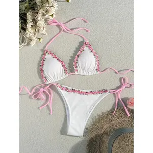 Women's Floral Embroidery Bikini Set, Swimsuit Style Bikini, Boho Fashion Tie Back Halter Triangle Swim Bra & Tie Side Swim Bottom, Ladies Summer Swimwear for Beach Holiday