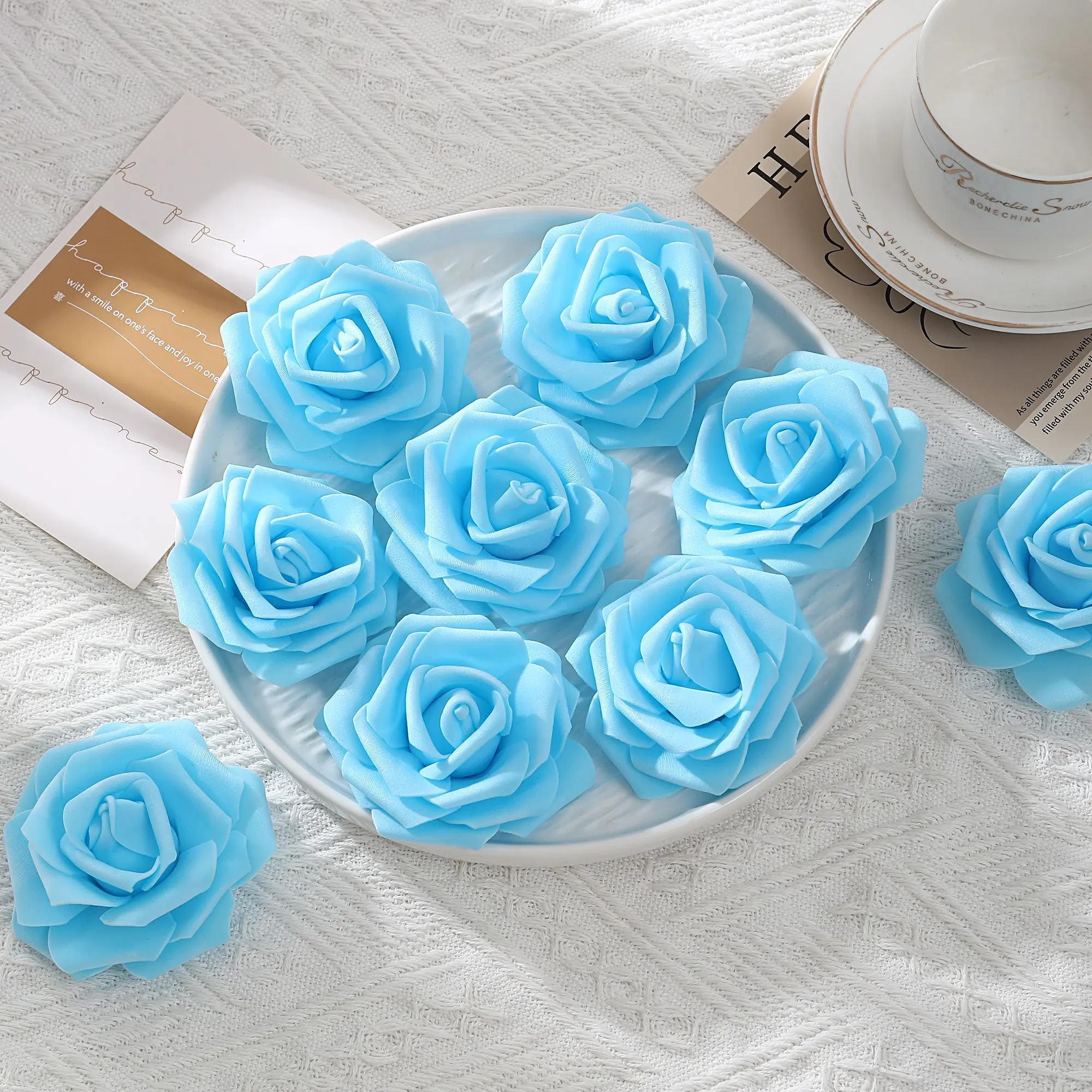 20 Light Blue Foam Rose Heads, Artificial Flowers for Valentine's Day, Home Decor, Party, Wedding, DIY Crafts, Table Centerpieces