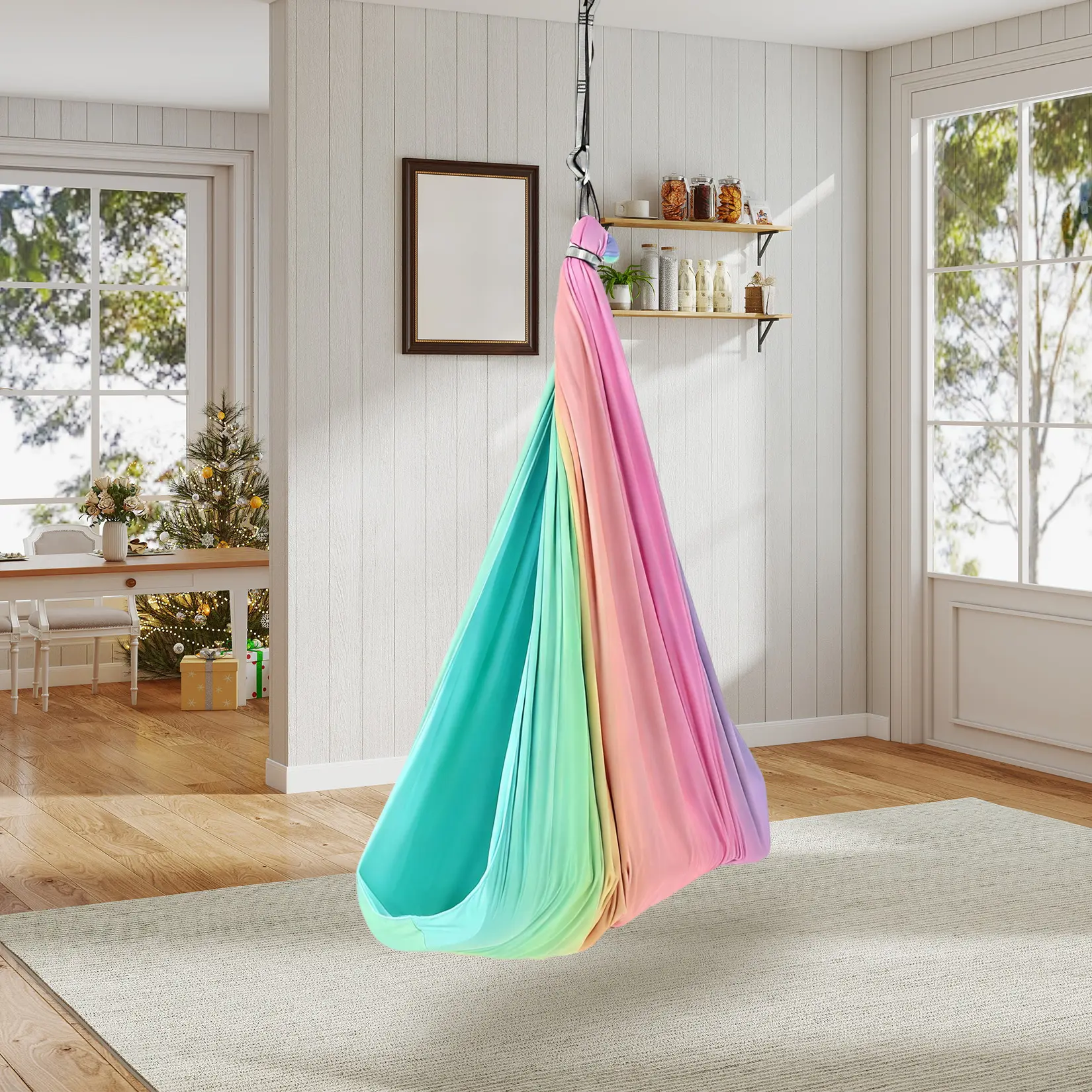 Sensory Swing for Kids & Adults, Dual-Layer Cuddle Hammock, Deep Pressure for Autism, ADHD, Anxiety, Indoor/Outdoor Rocking Hammock with 360° Swivel Hanger, Supports 300 lbs,1.5x1.4m