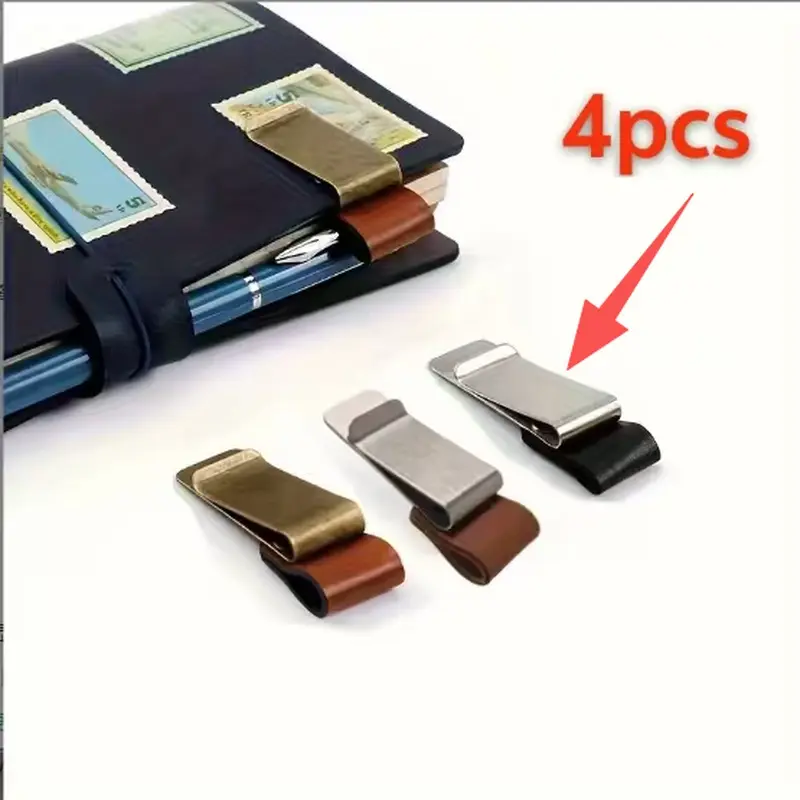 4pcs leather pen holder, stainless steel pen holder pencil holder, traveler's notebook accessories, bill holder pen holder, retro diary loose-leaf notebook pen holder office supplies, Office Desk Supplies.