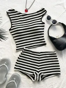 Women's 2-Piece Striped Knitted Asymmetrical Neckline Crop Shorts Set, Summer Casual Beachwear, Party, Clothes