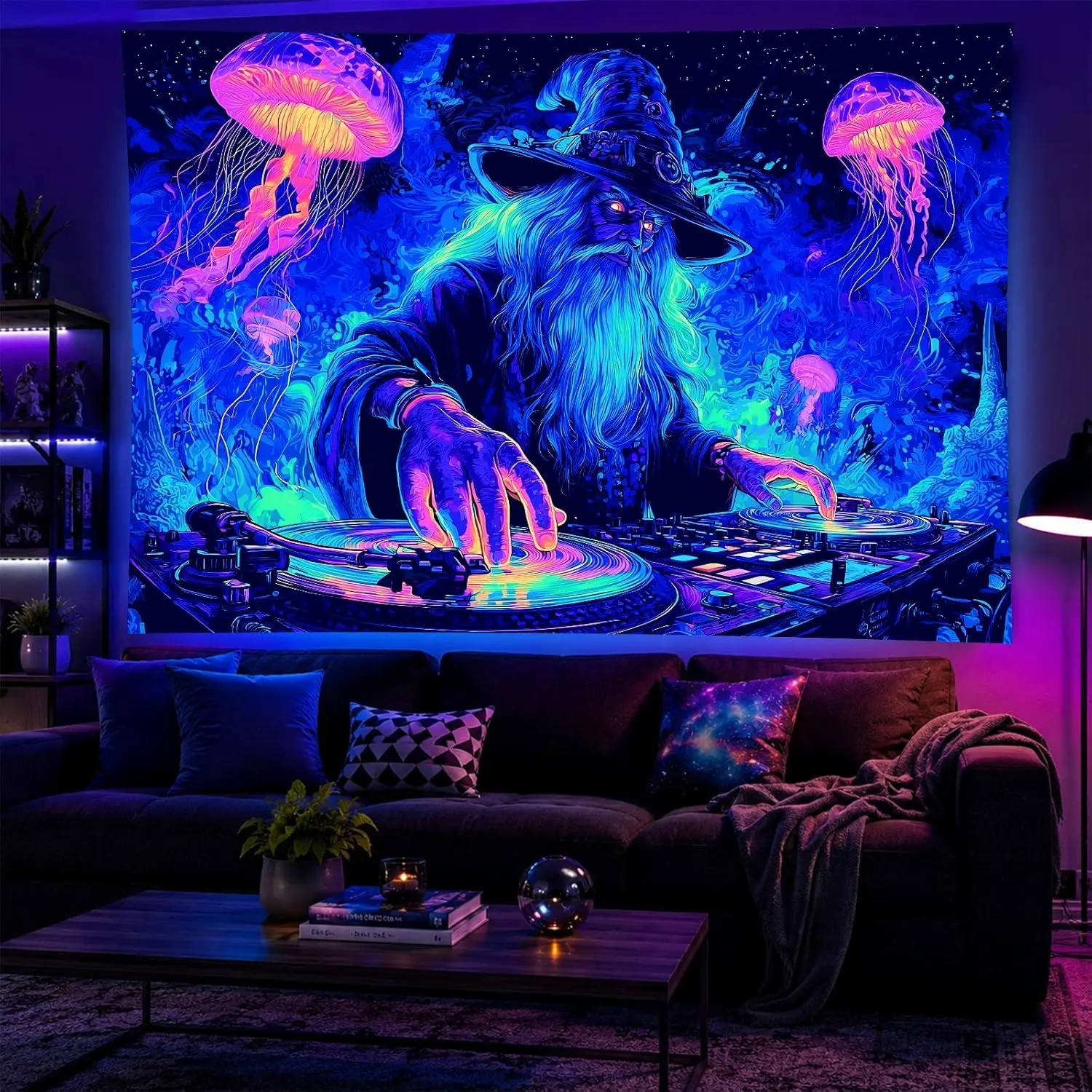 BlissYard Magical Psychedelic Wizard DJ Blacklight Tapestry - UV Reactive Luminous Vinyl Wall Decor, Neon Jellyfish Galaxy Trippy Lounge Wall Hanging, 78x59 in Bedroom Party Decor, Oversize, Party Zone