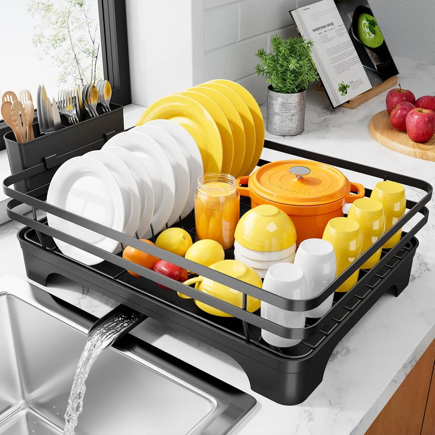 Black 1-Layer Multifunctional Countertop Dish Drying Rack Organiser - Home Supplies with Cutlery Holder, Rotatable Storage Solution, 15.7"x12.0"x5.5", Kitchen