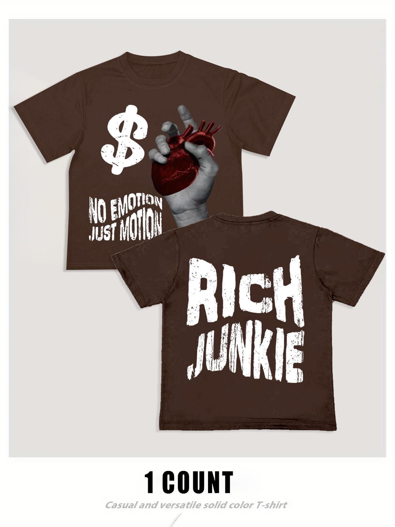 Men's Cartoon Hand & Rich Junkie Print Round Neck Tee, Loose Casual Fashion Short Sleeve T-shirt for Summer, Men's Top for Daily Wear, Tropical, Casual Streetwear