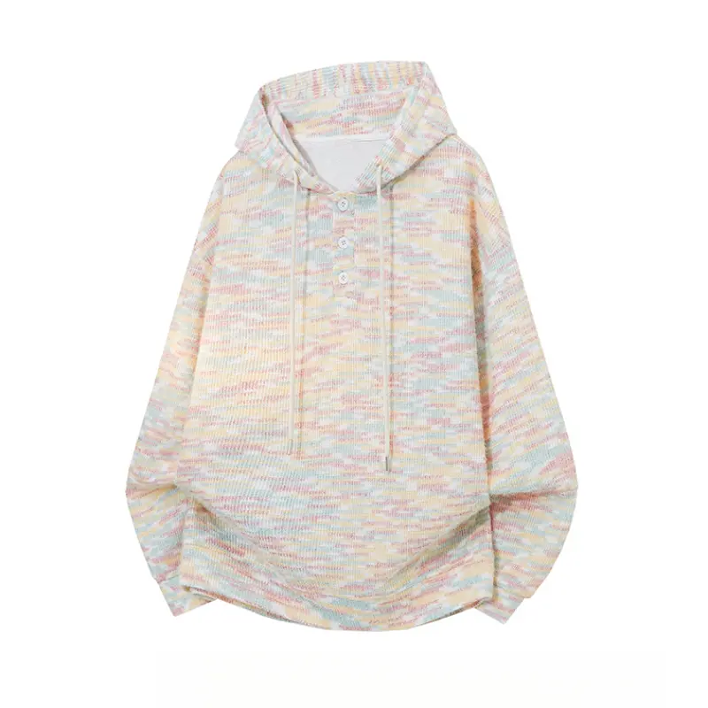 Men's Rainbow Heather Yarn Waffle Knit Hoodie, Three Buttons Partial Opening Drawstring Hood Pullover, Pastel Tonal Speckled Texture Breathable Long Sleeve Blouse for All Season Daily Commute Layering # sohochic