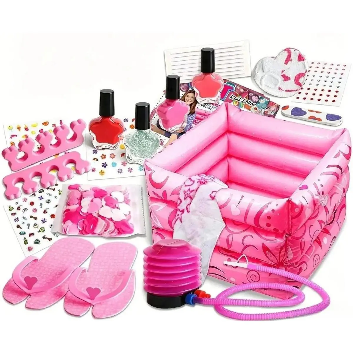 Foot Spa Kit, Pedicure Set for Girls  Box Includes Bigger Inflatable Durable Foot Tub Inflator Pump Peelable Nail Polish Supplies For Sleepover Slumber Party Kit Gift