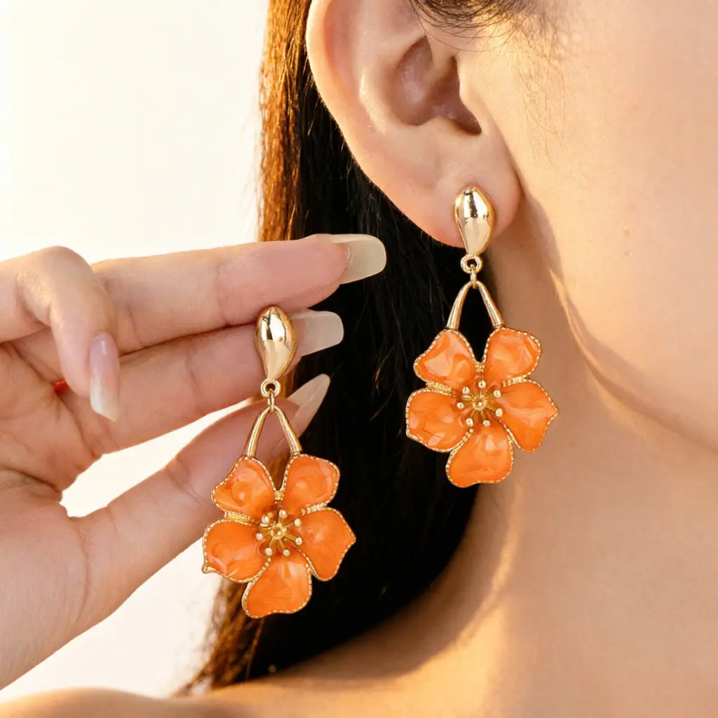Women's Repro-Free Gold Single Flower Long Drop Earrings - Elegant Slimming Fashion Jewelry, Unisex Flowers Accessory for All Seasons Sports & Outdoor Attire, Gold Flower