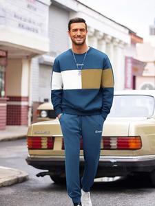 men's colorblock print longsleeves sweatshirt & pants loungewear set, casual comfy long sleeve pullover & jogger pants, men's sleepwear for spring & fall, sleep sets, menswear, homewear, pjs, soft lounge sets, pajamas for adults, relaxed fit loungewear