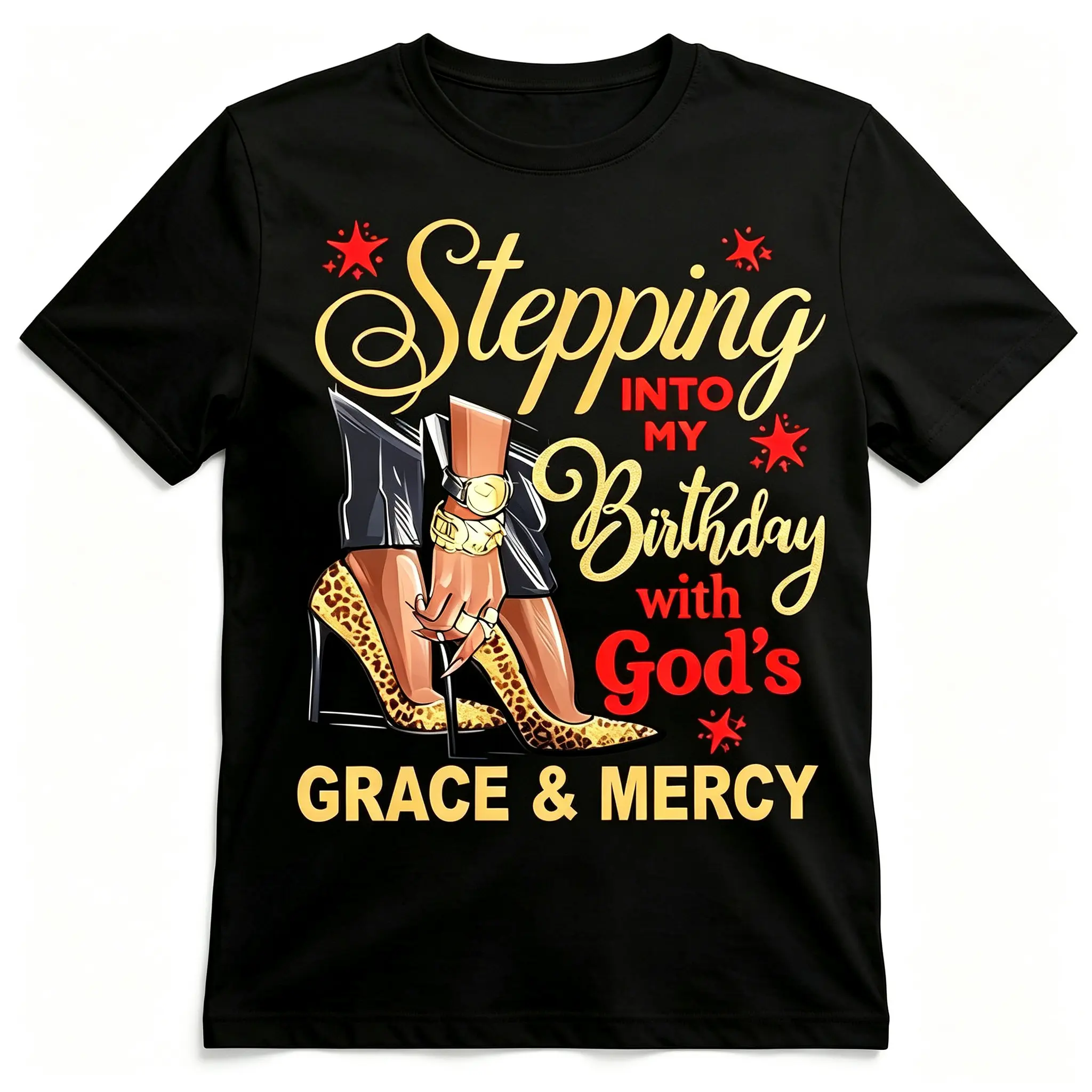 Stepping Into My Birthday With God's Grace & Mercy Leopard Heel Graphic Tee Christian Birthday Inspirational Casual Party Streetwear Top for Women