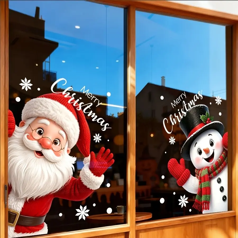Christmas Window Sticker, Static Glass Decal with Santa, Snowman, Snowflakes, Merry Christmas Greetings, Home, Bedroom, School, Restaurant, Office
