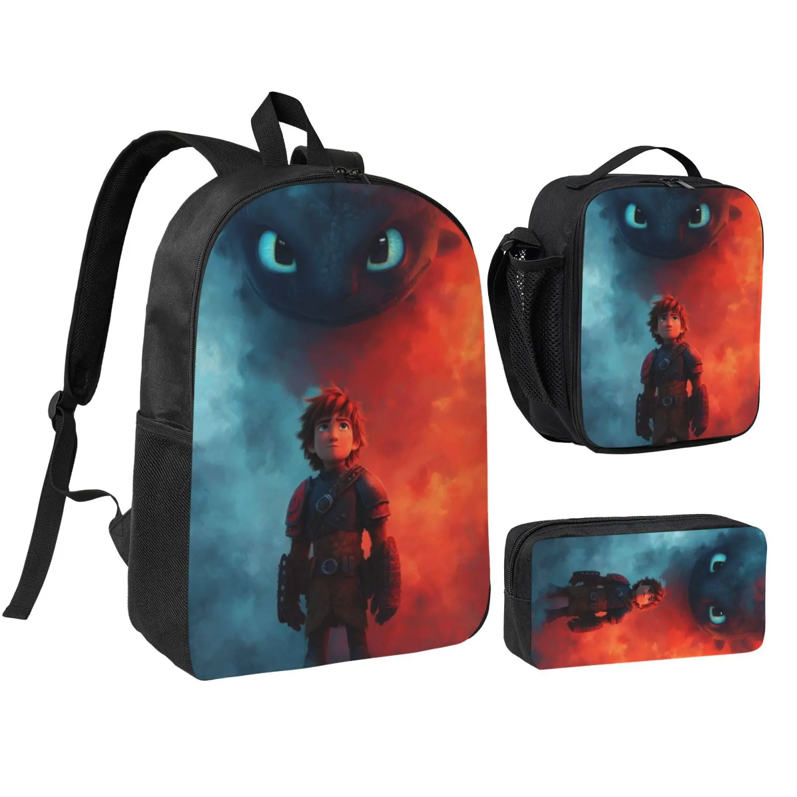 Anime Toothless2 Kids 3Pcs Multipurpose Teen Backpack Set with Adjustable Shoulder Straps, School Bookbag, Insulated Lunch Box & Pencil Bag for Boys Girls Daily School Travel Office