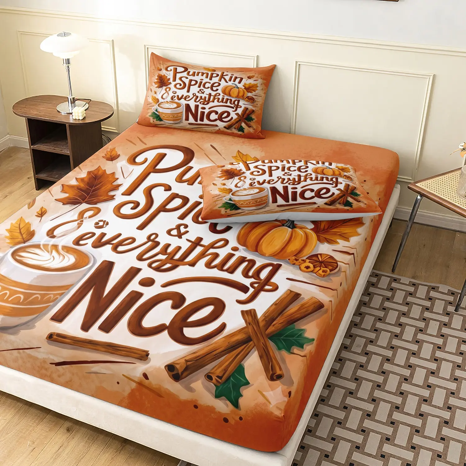 3 Pieces Pumpkin Spice Latte Print Fitted Sheet Set, Orange Maple Leaf Cinnamon Pumpkin Printed Bedding, Soft Microfiber Harvest Thanksgiving Style Bedding For Bedroom Home Decoration, Multiple Sizes Available (1 Fitted Sheet + 2 Pillowcases, No Pillow)
