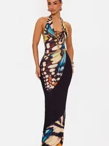 Sexy Halter Neck Print Dress, Deep V Backless Design, Bodycon Long Evening Gown, Elegant Party Wear, Trendy Fashionable
