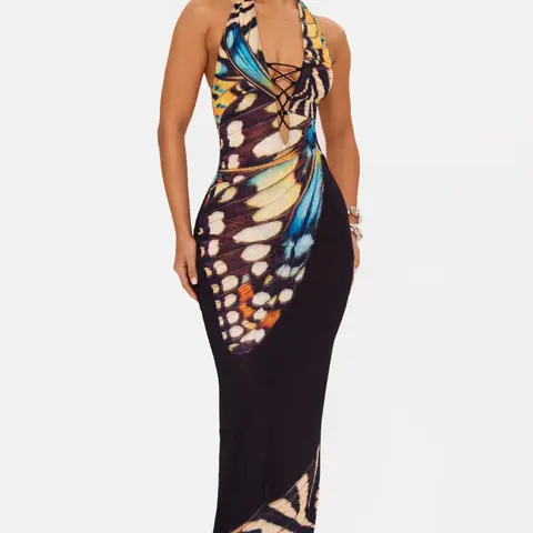 Sexy Halter Neck Print Dress, Deep V Backless Design, Bodycon Long Formal Evening Gown, Elegant Party Wear