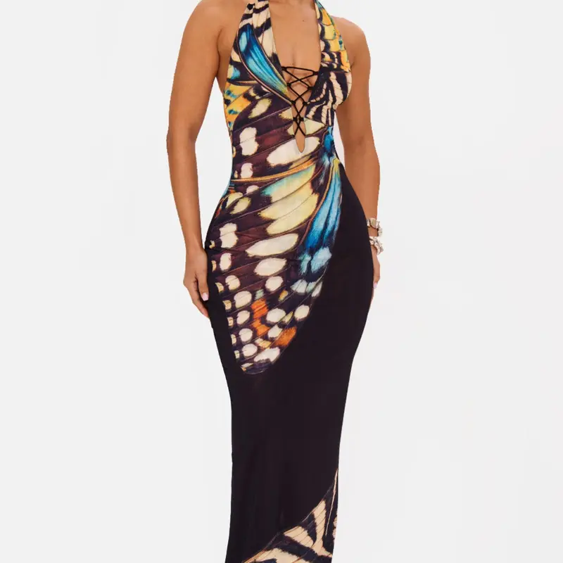 Sexy Halter Neck Print Dress, Deep V Backless Design, Bodycon Long Formal Evening Gown, Elegant Party Wear