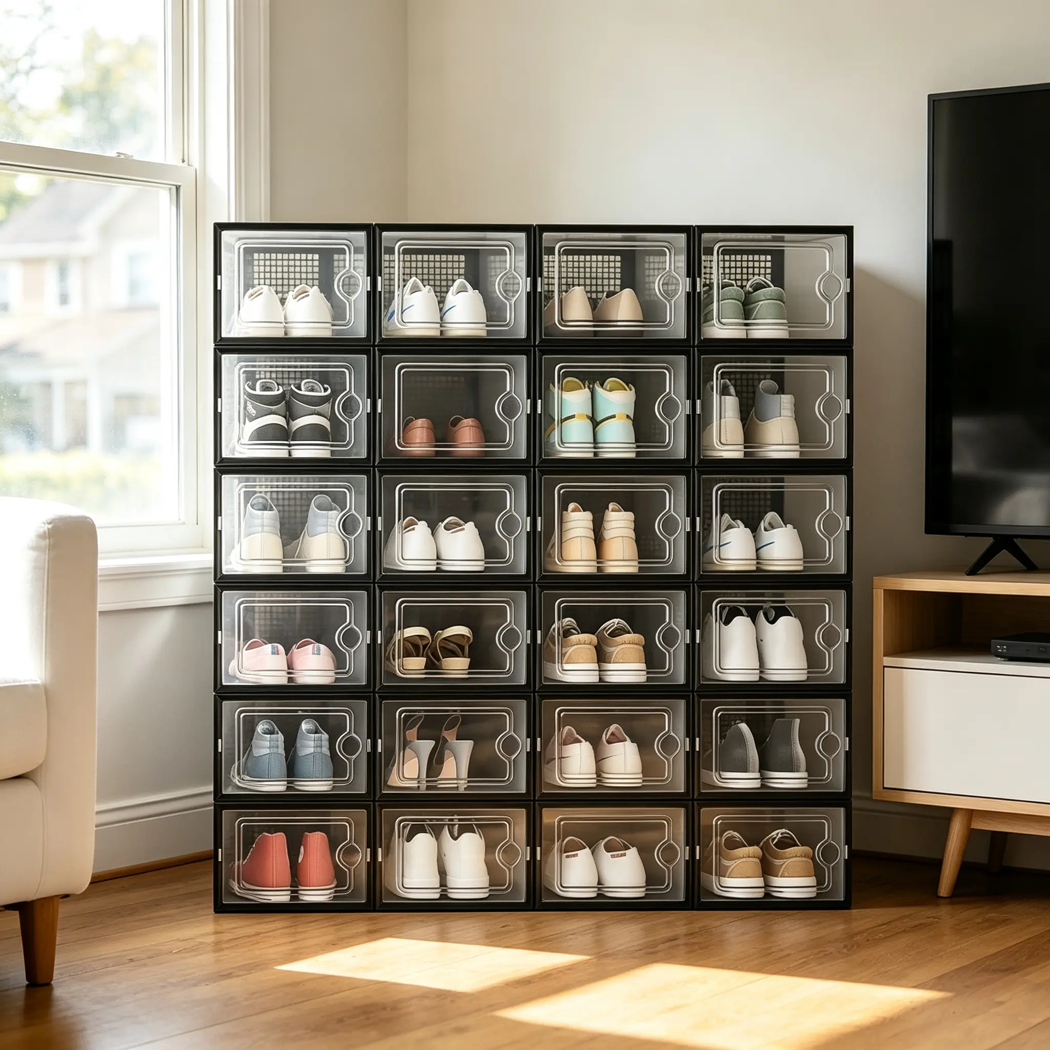 Rectangular Plastic Foldable Shoe Storage Bin Stackable Organizer Box Clear Dustproof Cover Space Saving Closet Display Case For Sneakers Heels Boots 13.4x10.2x6.7in Heavy Duty Footwear Container Wardrobe Shelf Organization Rack