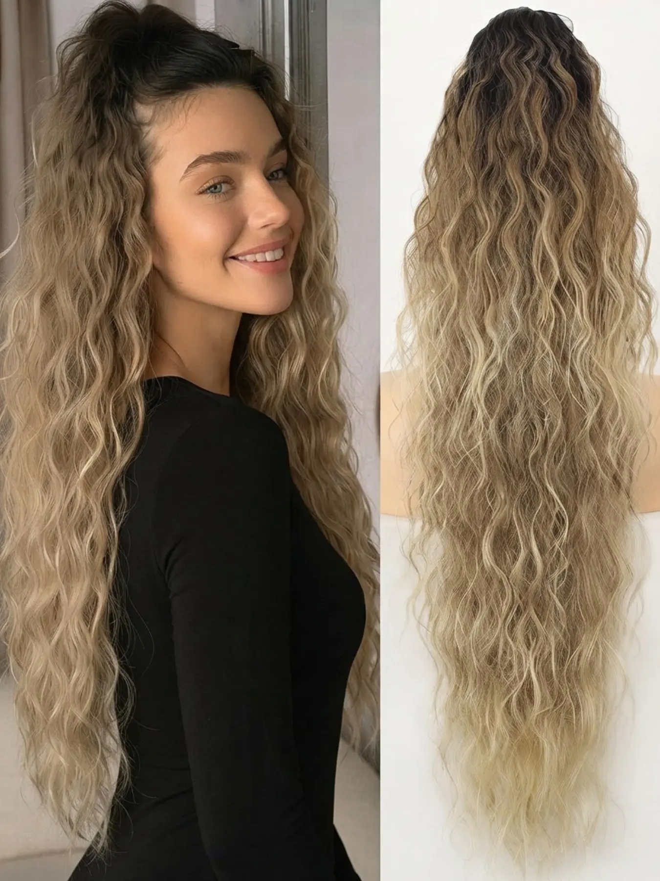 2-in-1 Claw Clip Ponytail Extension for Women, Long Wavy Drawstring Ponytail Hairpiece, Double Secure Grip Jaw Clip in Hair Extensions for Thin Hair, Natural Synthetic Pony Tail Hair Piece, Synthetic Ponytail Hairpieces