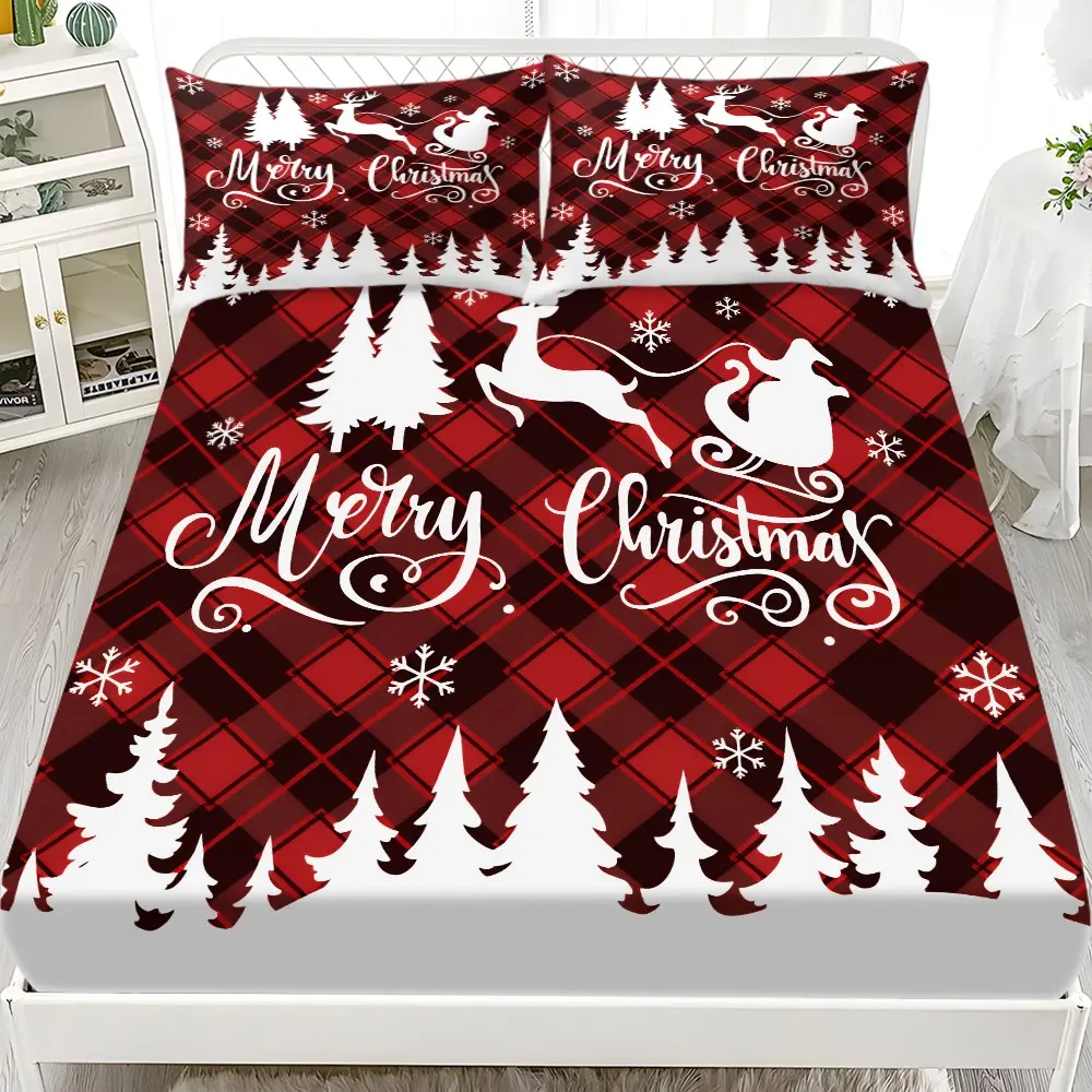 Merry Christmas Plaid Reindeer Sleigh Print Bed Sheet Set, 1 Bed Sheet + 2 Pillowcases, Twin/full/queen/king Sizes