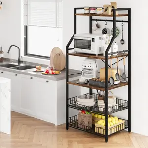 Industrial 5-Tier Baker’s Rack with Closed Storage Cabinet, Multi-Function Microwave Stand & Coffee Bar Station, Equipped with 2 Metal Wire Baskets, 8 Utility Hooks, Adjustable Leveling Feet and Anti-Tip Kit, Kitchen Storage Organizer for Kitchen Dining &