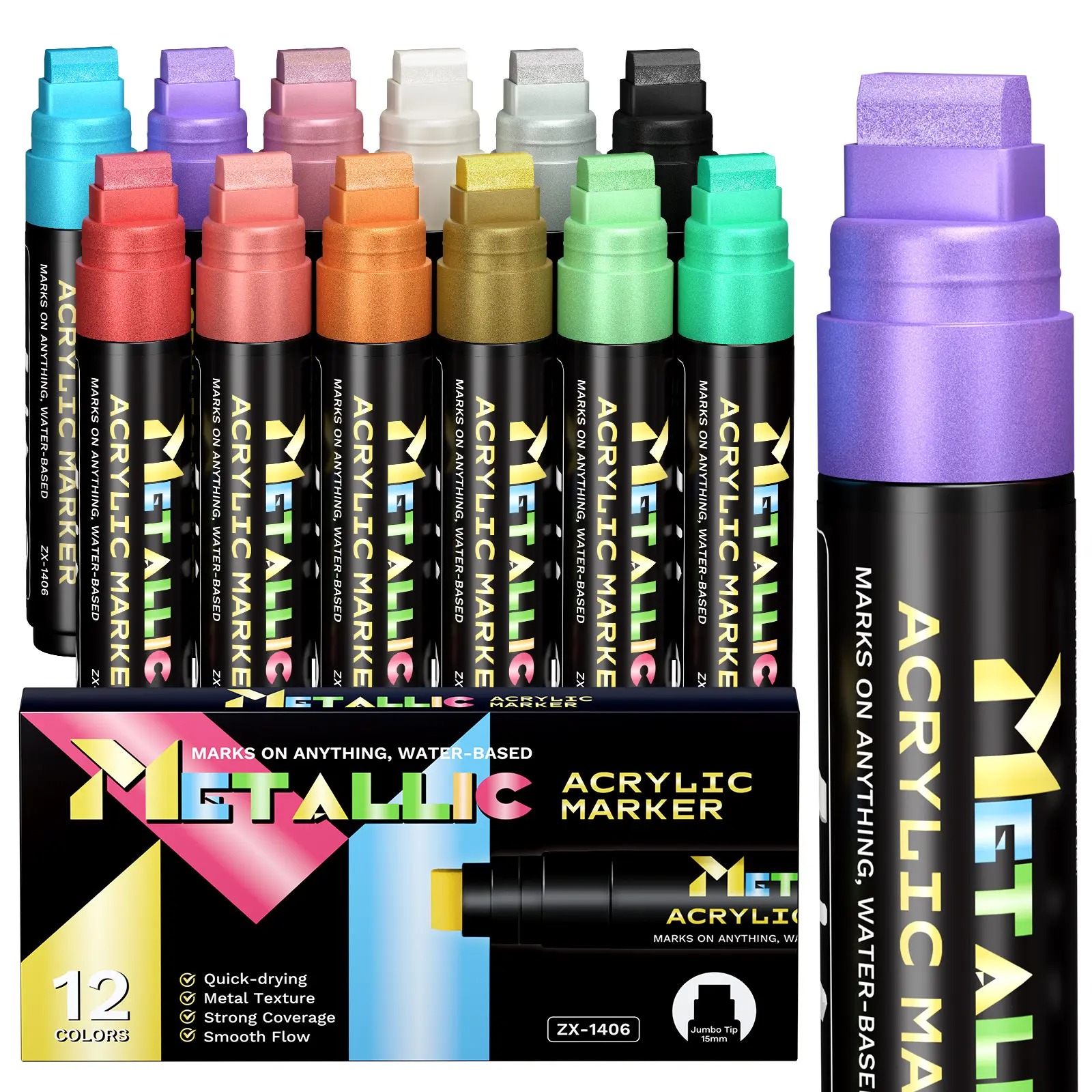 15mm Wide Head Acrylic Marker Pen, 10 Bright Colors & 12 Metallic Shades, High Coverage, Waterproof, Fast-Drying, Wall Art Paint Brush